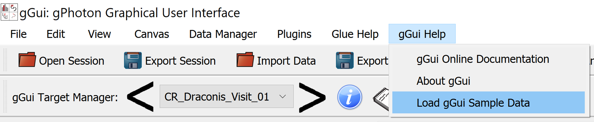 To load sample data, simply select "Load gGui Sample Data" under the "gGui Help" menu.